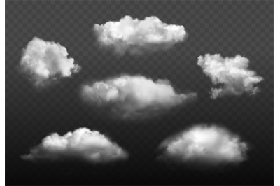 Clouds realistic. Blue cloudy sky weather elements vector picture set