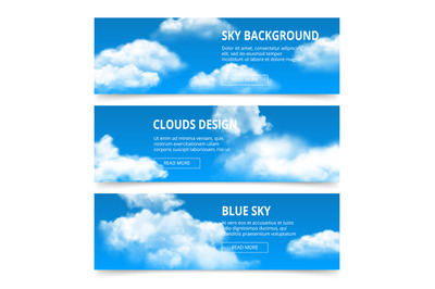 Cloudy sky banners. Realistic clouds weather condensation blue afterno