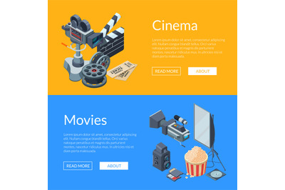 Vector cinematograph isometric elements web banner illustration