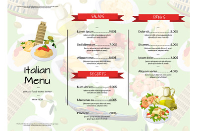 Vector cartoon italian cuisine cafe or restaurant menu template illust