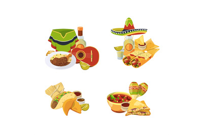 Vector cartoon mexican food piles set isolated on white background ill