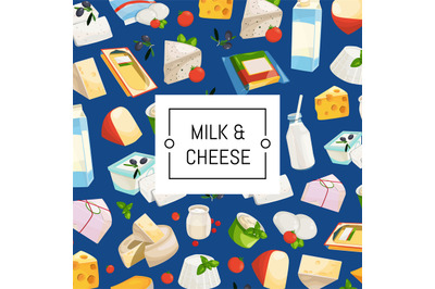 Vector cartoon dairy and cheese products background with place for tex