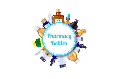 Vector pharmacy medicine bottles under circle with place for text illu