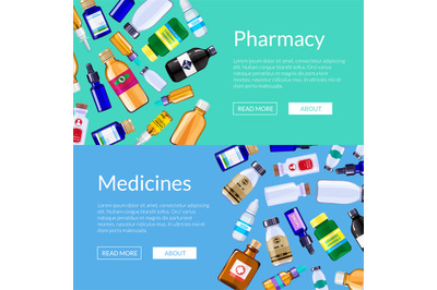 Vector pharmacy medicine bottles web banner templates illustration