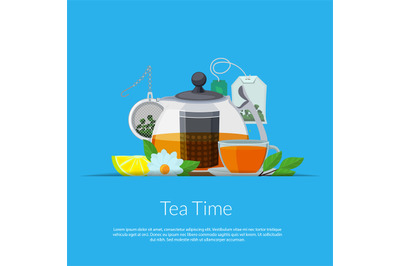 Vector cartoon tea kettle and cup in paper pocket illustration