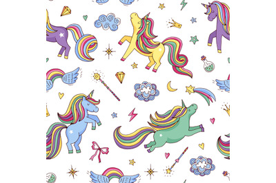 Vector cute hand drawn magic unicorns and stars pattern or background