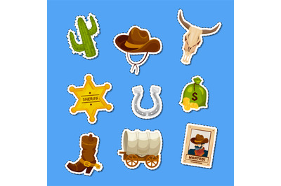 Vector cartoon wild west elements stickers set illustration