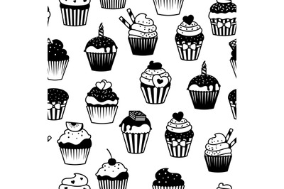 Black and white cupcakes seamless pattern