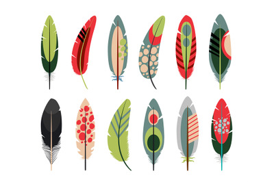 Colorful flat feathers icons set