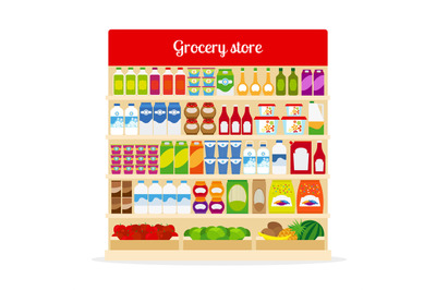 Grocery store shelves with food