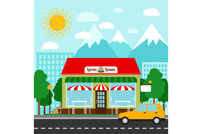 Pizzeria in town colorful illustration