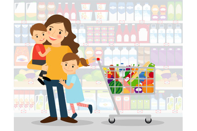 Woman in supermarket with kids