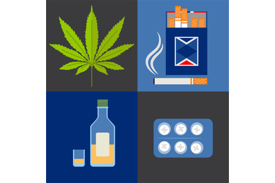 Alcohol, drugs and tobacco icons set