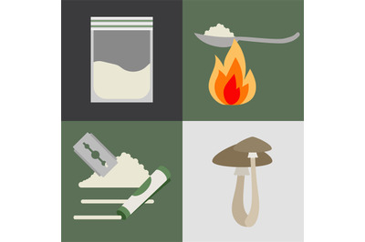 Drugs and mushrooms icons set