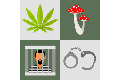 Drugs and prison icons set