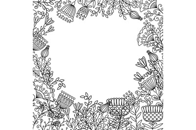 Coloring page with doodle flowers frame