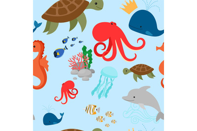 Cartoon turtle, octopus, and fishes pattern