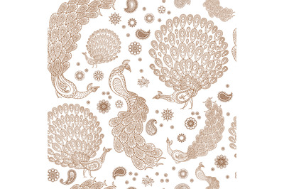 Peacock with henna elements seamless pattern