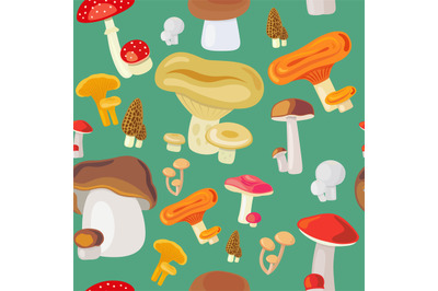 Mushroom seamless pattern on green