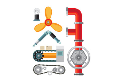 Machine parts flat icons set