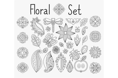 Floral set with leaves and mandalas