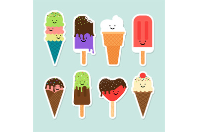 Ice cream flat cute stickers set