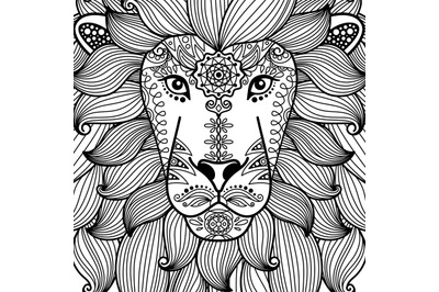 Lion head with ethnic floral pattern