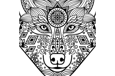 Zentangle black contour wolf head