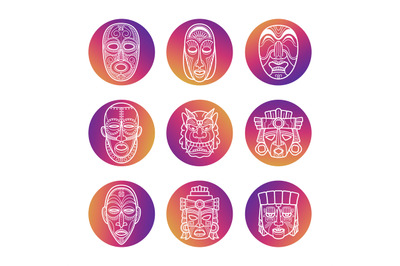 Bright icons with white african tribal vodoo masks