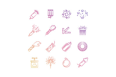 Bright holiday pyrotechnic line vector icons. Festival fireworks eleme