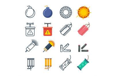 Dynamite, fireworks, pyrotechnic vector icons