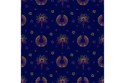 Fireworks, festive pyrotechnic and stars seamless pattern