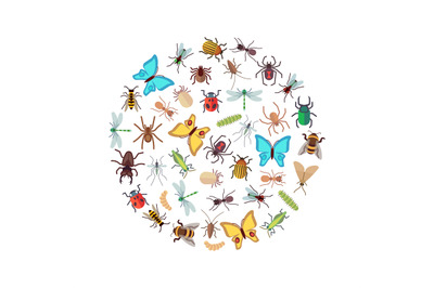 Flat insects icons round concept