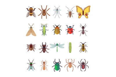 Flat insects icons set. Butterfly, dragonfly, spiders, ant isolated on