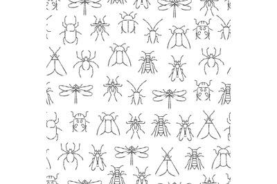 Pencil drawing insects seamless pattern. Wild nature seamless texture