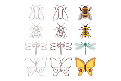 Sketch, line and flat insects collection