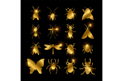 Shiny golden insects silhouette set