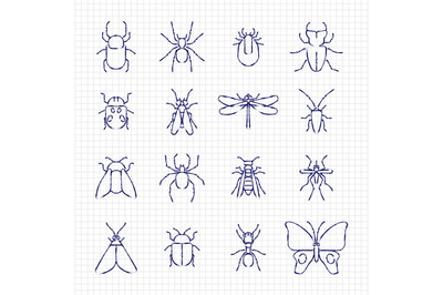 Sketch drawing line insect icons collection