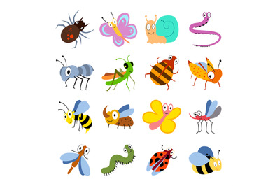 Cute and funny bugs, insects vector collection. Cartoon insects set