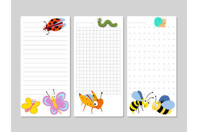 Kids pages for notes and to do lists with cartoon insects