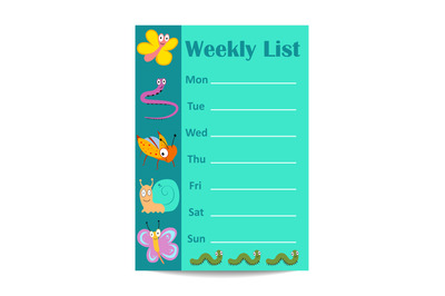 Kids weekly list with cartoon insects