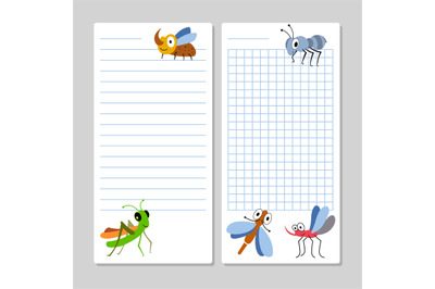 Lined notebook pages template with cartoon insects