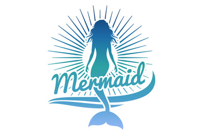 Colorful mermaid silhouette. Vector logo or label with mermaid and sun