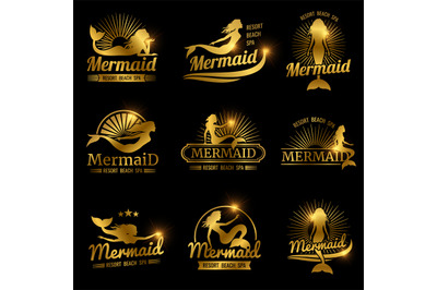 Golden mermaid labels. Shiny resort beach spa logos design