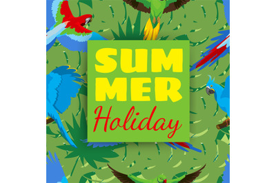 Summer holiday cards with tropical plants and parrots. Parrot seamless