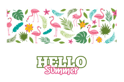 Tropical leaves and flamingo pattern. Hello summer background design