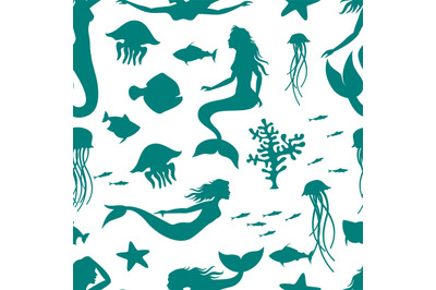 Underwater world seamless pattern. Mermaid and fishes seamless texture