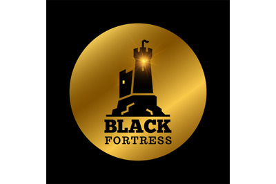 Black medieval castle silhouette. Fortress label icon design