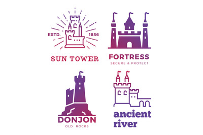 Fortress, medieval castles labels isolated on white background