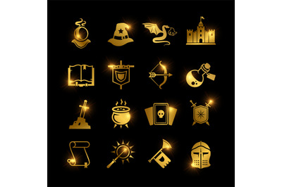 Golden fantasy medieval tale vector icons